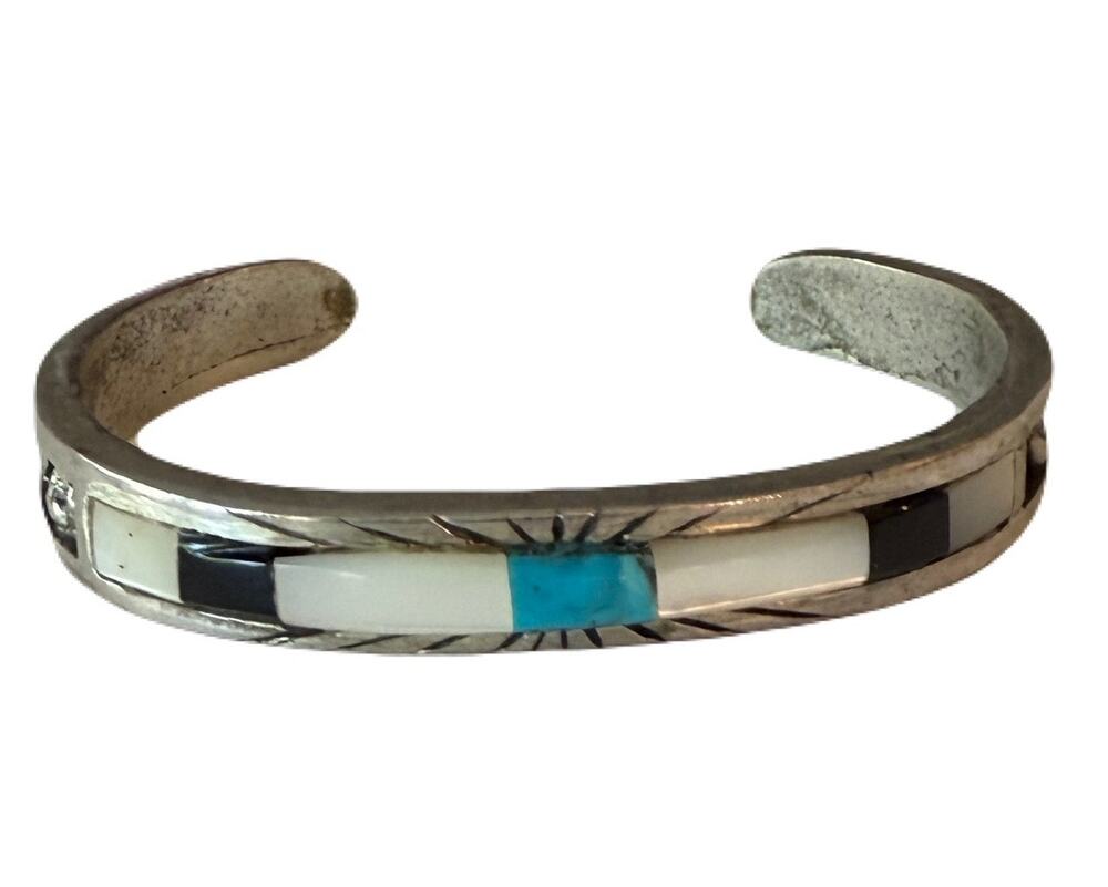 Native American Cuff Bracelet-Turquoise, Onyx, Mother of Pearl 28g